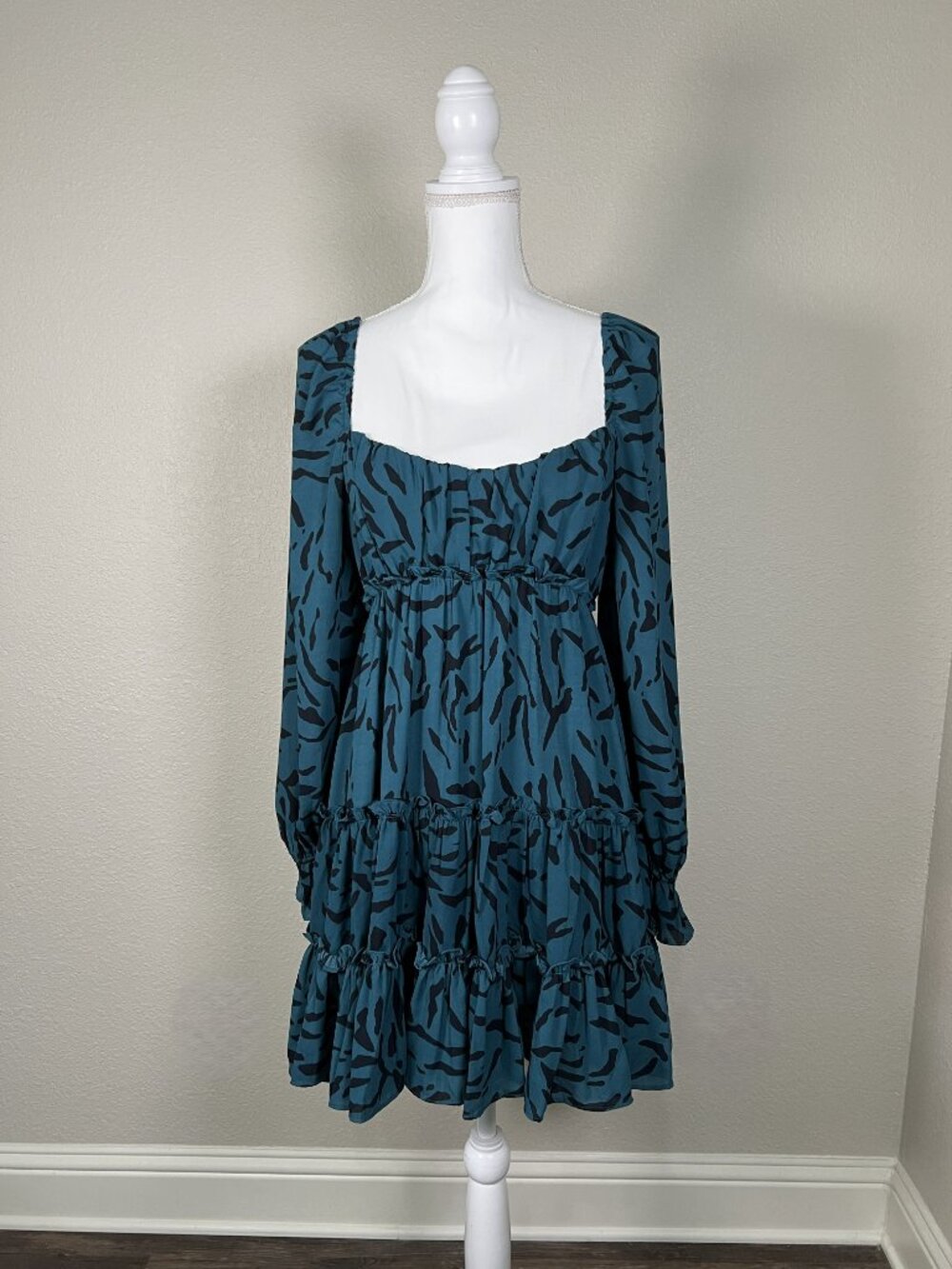 Buddy Love Teal Black Animal Print Mini Babydoll Dress Ruffle Puff Sleeve Small